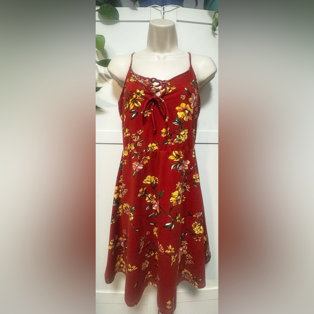 No Boundaries Red Dress with Yellow Floral Design